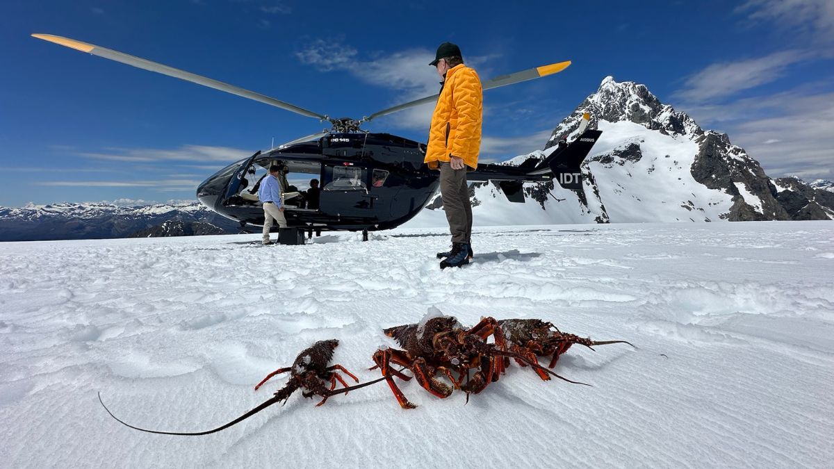 Crayfish on a glacier in front of a helicopter