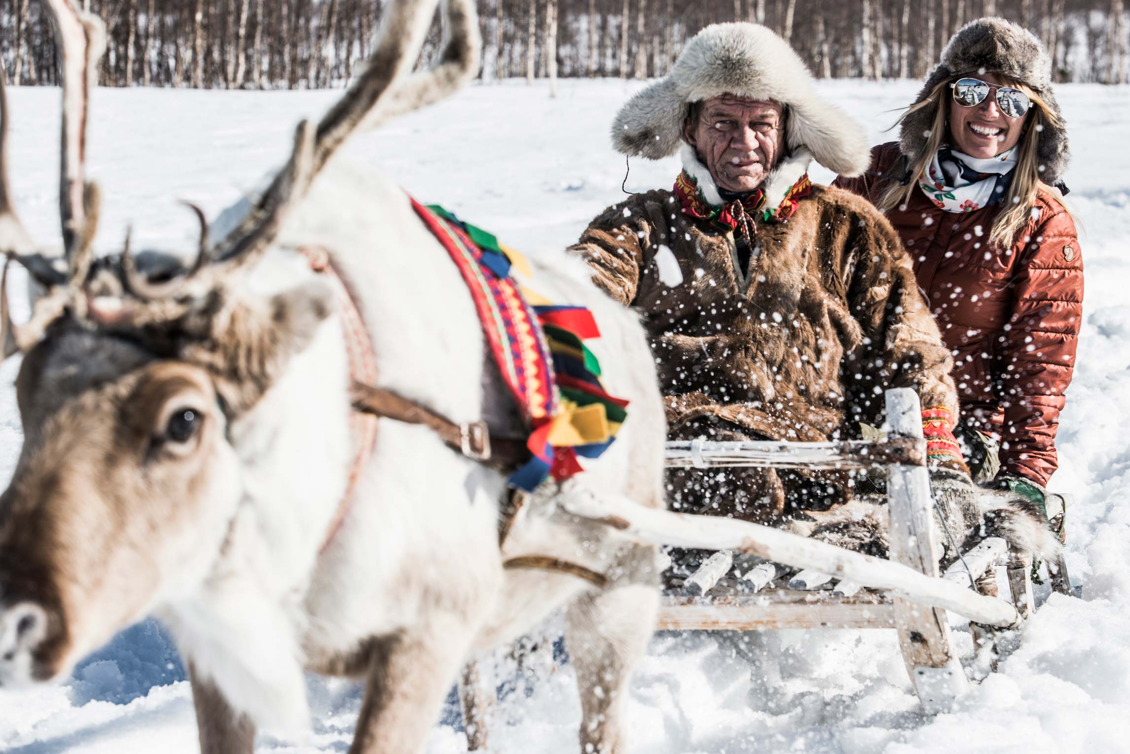 Family on reindeer sleigh ride in snowy Lapland, an iconic Arctic activity for family vacations during Christmas.