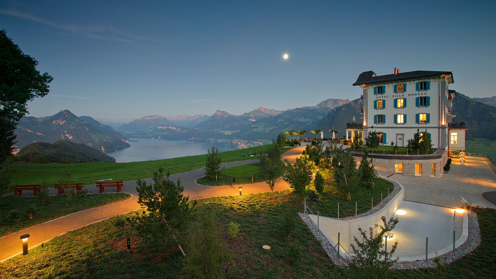 The hotel exterior at night