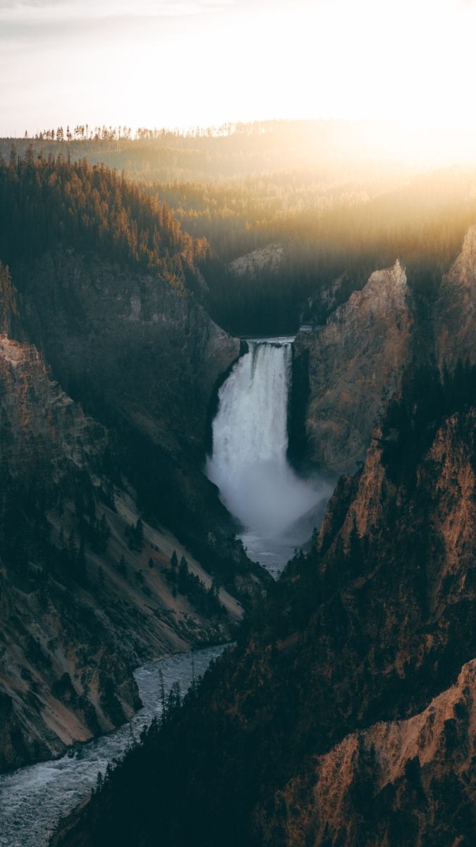 Lower Falls in Yellowstone National Park at sunset
