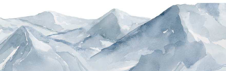 A serene watercolor landscape featuring snow-capped mountains in various shades of blue and gray. The peaks are softly blended with delicate brushstrokes, creating a calm, wintry atmosphere.