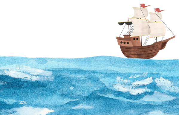 A wooden sailing ship with white sails and red flags navigates through a vibrant blue ocean, with gentle waves and a watercolor effect.