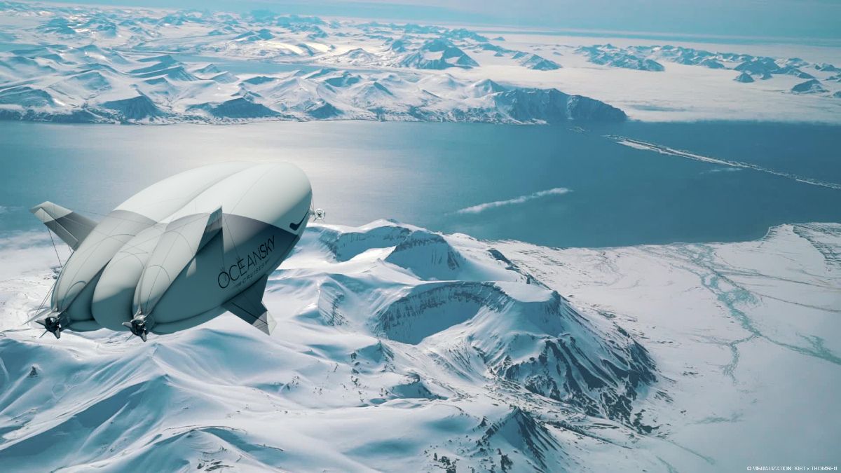 A large white airship labeled 