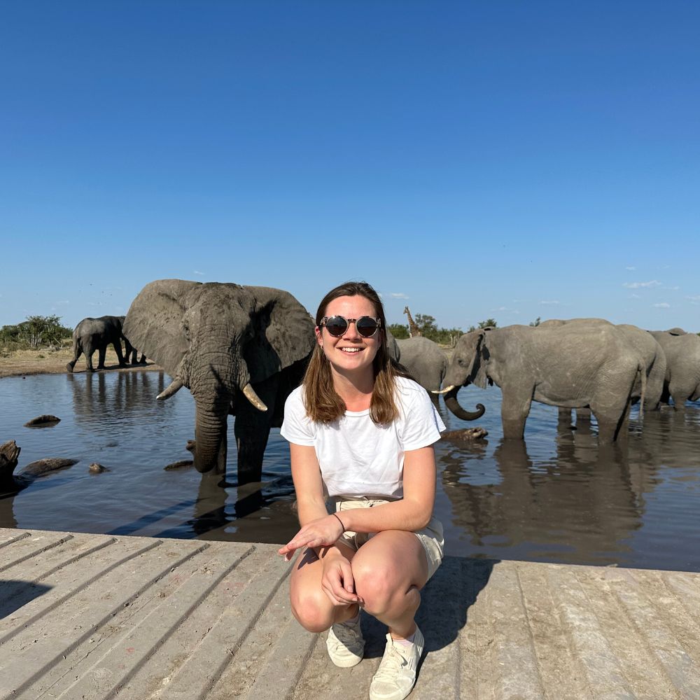 Antonia in front of elephants in Botswana