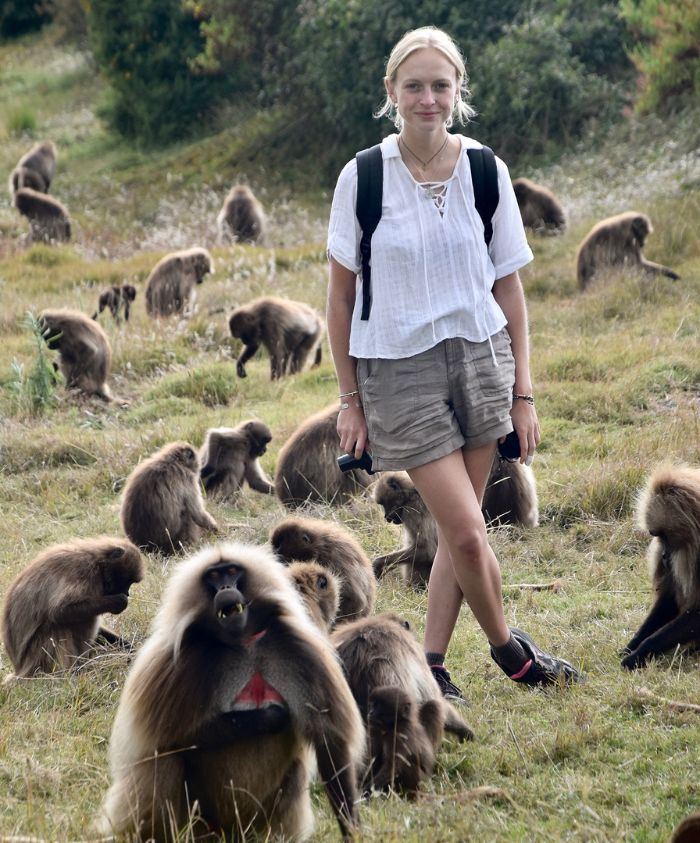 Bella in Ethiopia with monkeys