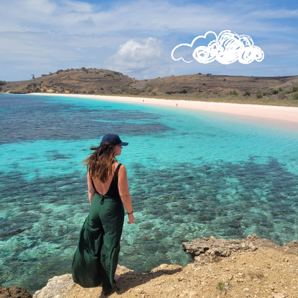 A woman stands on a rocky ledge overlooking a turquoise sea with a pink sandy beach in the distance. She wears a black hat and a long green dress, gazing towards the horizon under a blue sky with a few clouds.