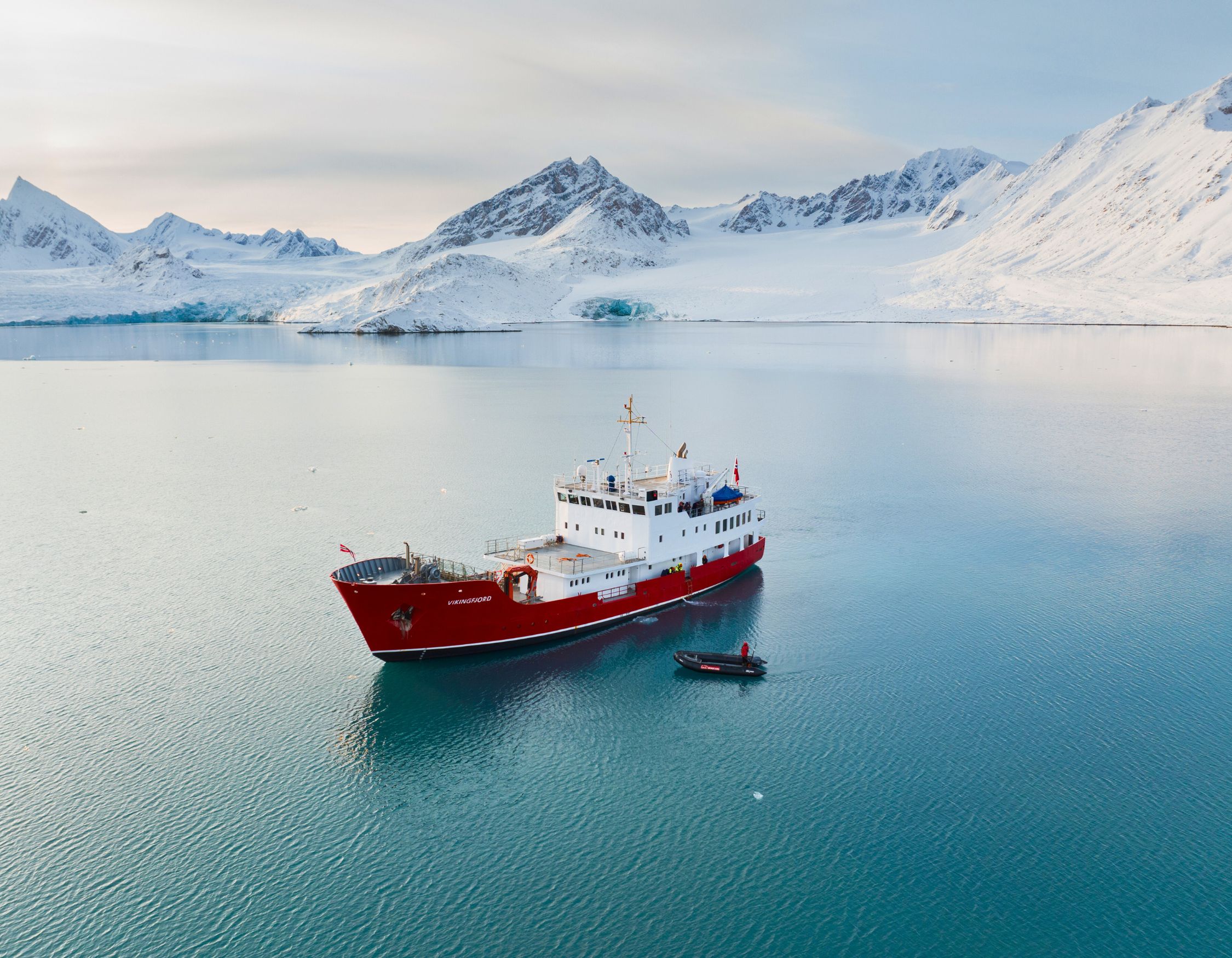 High-angle view of the red and white ship 