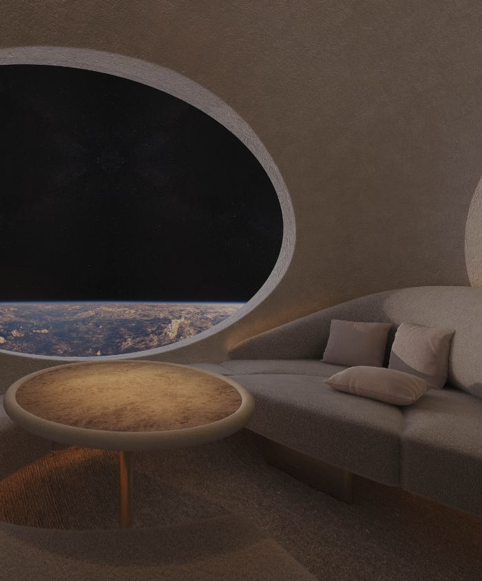 A modern, minimalistic room featuring a curved sofa and a round table. The focal point is a large, oval window revealing a view of Earth from space, with a starry backdrop. The earthy tones and soft textures create a serene atmosphere.