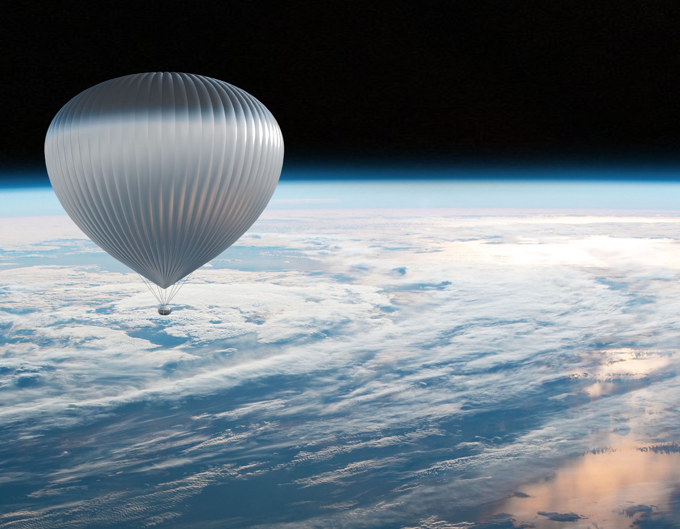 A silver hot air balloon floats above a layer of clouds, with the curvature of Earth visible below and the dark expanse of space in the background. The scene captures a blend of blue skies and wispy clouds.
